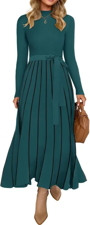 ZESICA Womens Spring Turtleneck Long Sleeve Sweater Dress Tie Waist Casual Loose Ribbed Knit A Line Midi Dresses