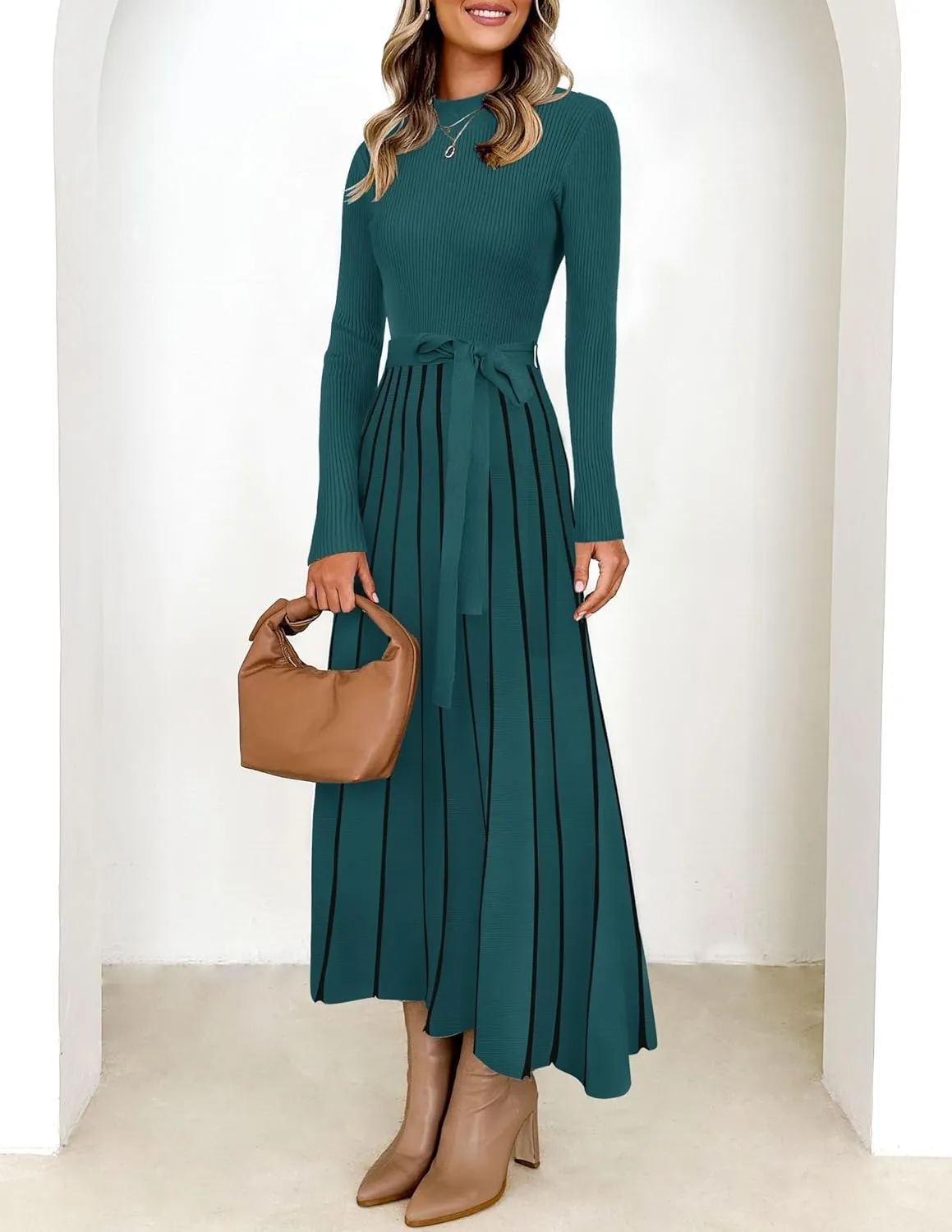 ZESICA Womens Spring Turtleneck Long Sleeve Sweater Dress Tie Waist Casual Loose Ribbed Knit A Line Midi Dresses